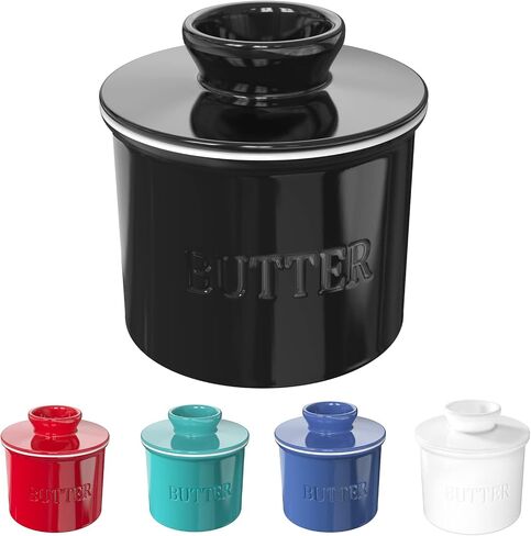 French Butter Dish, Porcelain Butter Crock for Counter with Water, 7.5 OZ Butter Dish with Lid Butter Keeper Country Crock Butter, Butter Holder Container for Spreadable Butter, Black in Saudi Arabia
