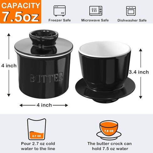French Butter Dish, Porcelain Butter Crock for Counter with Water, 7.5 OZ Butter Dish with Lid Butter Keeper Country Crock Butter, Butter Holder Container for Spreadable Butter, Black in Saudi Arabia