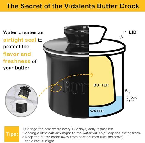 French Butter Dish, Porcelain Butter Crock for Counter with Water, 7.5 OZ Butter Dish with Lid Butter Keeper Country Crock Butter, Butter Holder Container for Spreadable Butter, Black in Saudi Arabia