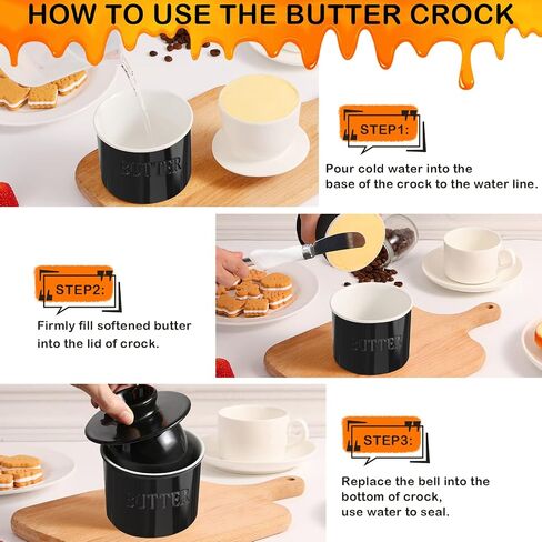 French Butter Dish, Porcelain Butter Crock for Counter with Water, 7.5 OZ Butter Dish with Lid Butter Keeper Country Crock Butter, Butter Holder Container for Spreadable Butter, Black in Saudi Arabia