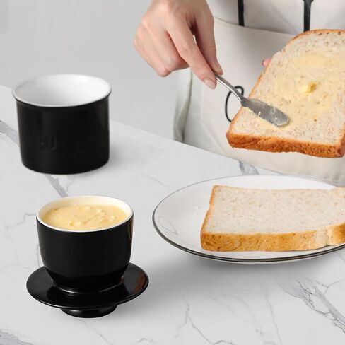French Butter Dish, Porcelain Butter Crock for Counter with Water, 7.5 OZ Butter Dish with Lid Butter Keeper Country Crock Butter, Butter Holder Container for Spreadable Butter, Black in Saudi Arabia