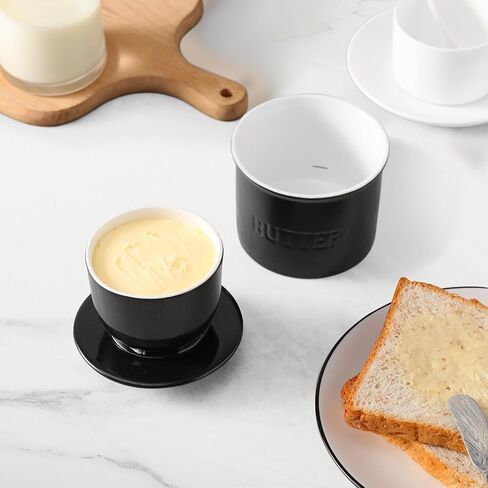 French Butter Dish, Porcelain Butter Crock for Counter with Water, 7.5 OZ Butter Dish with Lid Butter Keeper Country Crock Butter, Butter Holder Container for Spreadable Butter, Black in Saudi Arabia