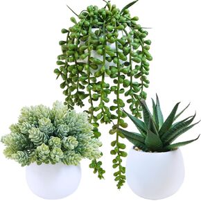 Winlyn Set of 3 Artificial Succulent Plants in Black Concrete Pots Faux Aloe Hops String of Pearls Potted Plants Small Fake Plants Desk Plants for Home Office Desk Kitchen Bathroom Shelf Windowsill