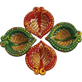 Diwali Diya - Clay Diya - 4 Pcs Clay Diyas Large Size for Pooja - Diwali Diya Hand Made & Hand Painted Diwali Diyas Gift Box Packed in Bubble Wrap( Cotton Wicks Included )