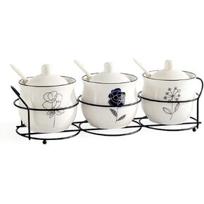 Ceramic Spice & sugar Jars, with Lids Spoons and Shelf,Porcelain Condiment Kitchen Jar Spice Container Set, 230 ML,3 Pcs