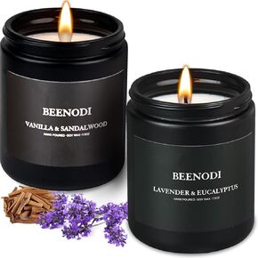 Scented Candles | BEENODI Soy Candles for Home Scented | 2 Pack Large Candles for Men Lavender & Eucalyptus Candle Stress Relief Gift Scents of Lavender & Eucalyptus | Vanilla & Sandalwood