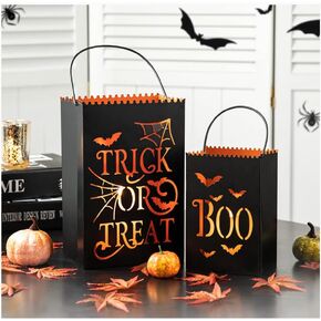 Glitzhome 2 Pack Halloween Metal Trick or Treat Bucket, Halloween Decorative Lantern Candle Holder Table Ornament for Porch Sign Home