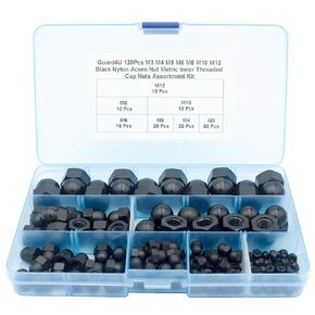 120Pcs 7-Sizes Black Nylon Acorn Nut Metric Inner Threaded Cap Nuts Assortment Kit-M3 M4 M5 M6 M8 M10 M12 Hexagon Decorative Cap Nuts for Screws Bolts