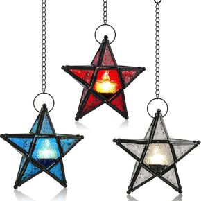 3 Set Stained Glass Star Shape Lantern Hanging Candle Holder Hanging Star Shape Lantern Hanging Tealights Candle Holder for Patio Balcony Independence Day Wedding Birthday Home Decoration