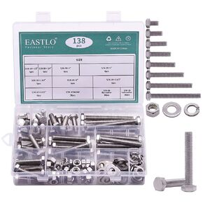 UNC 5/16-18 (138 PCS) Stainless Steel Hex Bolts with Nut, Flat Washer and Lock Washer Hardware Assortments Kit, 304 Stainless Steel 18-8, Full Thread