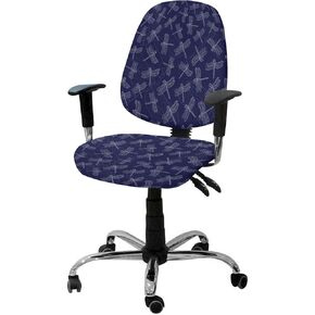 Navy Blue Dragonfly Office Chair Cover Stretchable Computer Chair Seat Cover Backrest Slipcovers, Modern White Lines Abstract Art Stretchable Rotating Desk Chair Seat Cushion Split Protectors