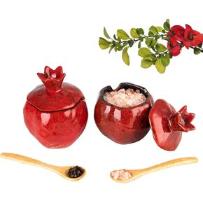 Salt Cellar Salt Box 2 PCS Salt Container Salt Pig Red Salt Bowl Salt Cellar With Lid Spoon Ceramic Pomegranate Shaped