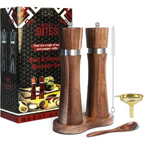 Elegant Acacia Wood Salt and Pepper Grinder Set Manual, 8-inch Salt Grinder Refillable with Adjustable Coarseness, Durable Wooden Base, Gold Funnel, Spoon and Cleaning Brush