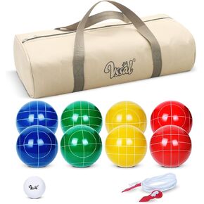 مجموعات كرات Bocce مقاس 90 مم للعائلة في الفناء الخلفي لألعاب Bocci على الشاطئ في ساحة العشب للأطفال، مجموعة من 8 كرات بوليريسين Bochie، 1 بالينو، حقيبة حمل، حبل قياس (أخضر/أصفر/أحمر/أزرق، 2-8 لاعبين)