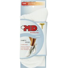 Seamless Toe-Wave-In Mesh Diabetic Ankle Socks, White, Large