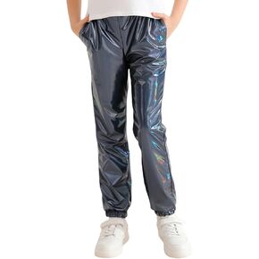 LUCKYGAL Girls Metallic Pants Holographic Shiny Sparkly Stretchy Jogger Pants Loose Hip Hop Wear