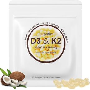 2-in-1 Vitamin D3 K2 Supplement Softgel, Vitamin D3 10000 IU and Vitamin K2 200 mcg, K2 MK7 with D3 Vitamin Supplement Support Immune, Heart, Joint, Teeth & Bone Health