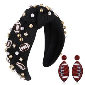 Sport Knotted Headband Rhinestone Crystal Jeweled Baseball Charm Wide Headband Headpiece Fun Baseball Beaded Dangle Earrings for Women Spring Summer Game Day Sports Hairband Hair Accessories Gift for