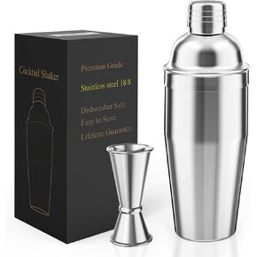 Cocktail Shaker with Double Measuring Jigger,18/8 Stainless Steel 24oz Martini Shaker Set,Drink Shaker Built-in Strainer,Bartender Kit. (Black)