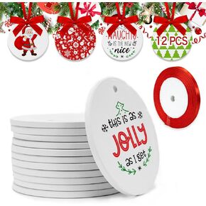 12PCS Sublimation Ceramic Ornaments - Sublimation Ornaments Blanks Bulk with Christmas Ribbons - Ceramic Discs Ornament for Heat Press - White Round Porcelain Ornament - XMAS Tree Decorate Crafts Gift in Kuwait