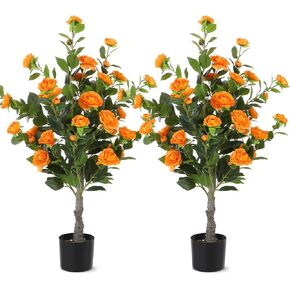 Jexine 2 Pack Artificial Tree with Camellia, Fake Tree with 36 Blooming Flowers, Flower Plants Tree Faux Floral Plant Tree in Cement Pot for Indoor Outdoor Office Home Porch Decor (Yellow,40")