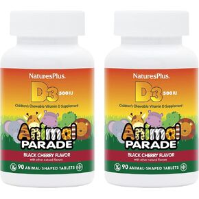 Natures Plus Animal Parade Vitamin D3 Children’s Chewables - Black Cherry Flavor - 90 Animal-Shaped Tablets, Pack of 2 - Gluten Free, Vegetarian, Hypoallergenic - 180 Total Servings