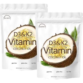 D3 + K2 Coconut Oil Soft Gels, Vitamin D3 10000 iu Plus K2 (MK-7) 200 mcg, Vitamin D3 K2 Supplement Softgels, Replenish Vitamin D3 K2 Coconut Oil Softgels 300 Gels