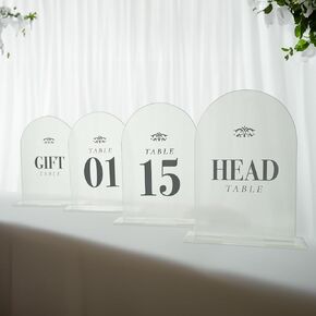 Elegant Acrylic Table Number Set 1-15 with Gift and Head Table Signs + 30 Wine Pouring Discs - Frosted Arch Design for Wedding Centerpiece Table Decorations - Reserved Seating Signs, Wedding Reception Supplies, and Table Decor