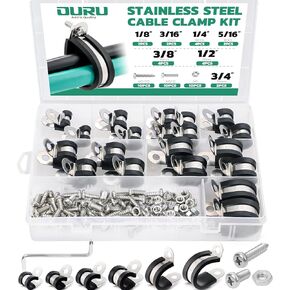 50PCS Cable Clamps with Screws Assortment Kit 7 Sizes—1/8" 3/16" 1/4" 5/16" 3/8" 1/2" 3/4" Stainless Steel Rubber Coated Cushioned Insulated Cable Clamp,Automotive Wire Pipe Clamps