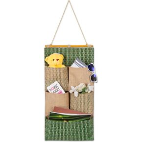 Wall Hanging Storage Holder Natural Jute Fabric Pockets File Organizer For Living Room Bathroom Magazine, newspaper, plant Organization 5 Pockets 27 x 14 Inches