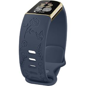 AK Floral Engraved Band Compatible with Fitbit Charge 6 Bands/Fitbit Charge 5 Bands Women Men, Soft Replacement Straps Wristbands for Fitbit Charge 6/5 Advanced Fitness & Health Tracker