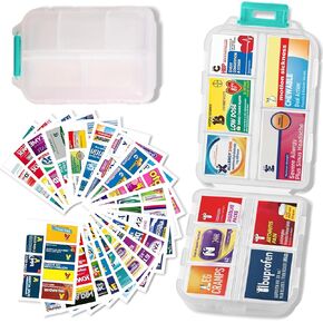 Pill Organizer with Medicine Labels Travel Daily Pill Container Mini Medication Organizer Storage Pill Organizer Travel Essentials Pill Case 7 Day Pill Organizer(Grey & 161 Lables)