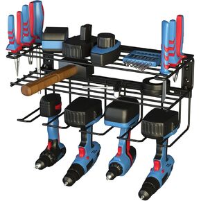 Heavy Duty Tool Organizer with charging station, 3 Layers Garage Pegboard Tool Rack, Power Tool Organizer Wall Mounted with 7 -Hole outlets Surge Protector, 4 Power Drill