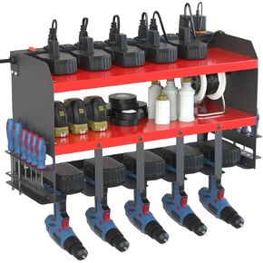 Heavy Duty Tool Organizer with charging station, 3 Layers Garage Pegboard Tool Rack, Power Tool Organizer Wall Mounted with 7 -Hole outlets Surge Protector, 4 Power Drill