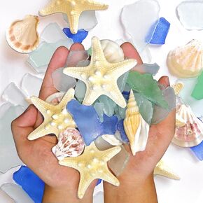 Sea Glass Decor Cobalt Blue Pieces and 9 Pieces Resin Assorted Starfish Shell Decor Tumbled Bulk 8.5oz Seaglass Pieces Ornament for Beach Wedding Party Decor Home DIY Craft