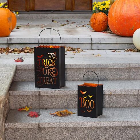 Glitzhome 2 Pack Halloween Metal Trick or Treat Bucket, Halloween Decorative Lantern Candle Holder Table Ornament for Porch Sign Home in Saudi Arabia