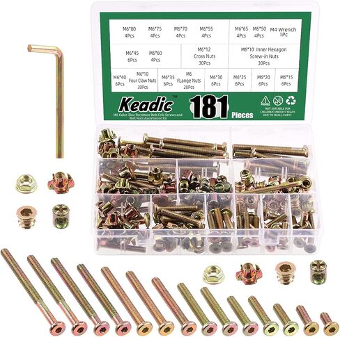 Keadic 181 Pcs M6 Zinc Plated Furniture Screw Hardware Replacement Kit Contains Hex Socket Cap Bolts Barrel Nuts, Wood Thread Nutsert, Four Claws T-Nuts and Flange Nuts for Cots Beds Table Crib in Saudi Arabia