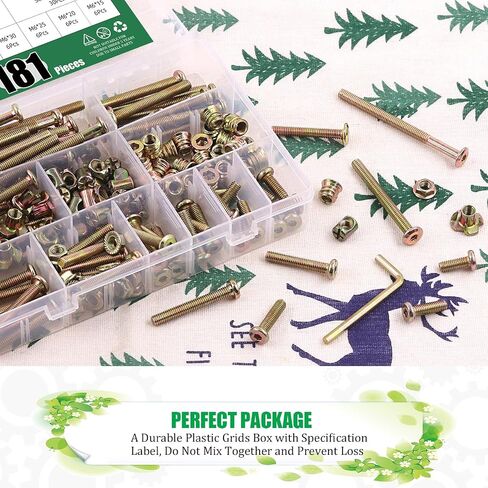 Keadic 181 Pcs M6 Zinc Plated Furniture Screw Hardware Replacement Kit Contains Hex Socket Cap Bolts Barrel Nuts, Wood Thread Nutsert, Four Claws T-Nuts and Flange Nuts for Cots Beds Table Crib in Saudi Arabia