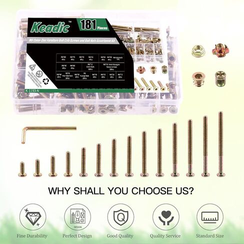 Keadic 181 Pcs M6 Zinc Plated Furniture Screw Hardware Replacement Kit Contains Hex Socket Cap Bolts Barrel Nuts, Wood Thread Nutsert, Four Claws T-Nuts and Flange Nuts for Cots Beds Table Crib in Saudi Arabia