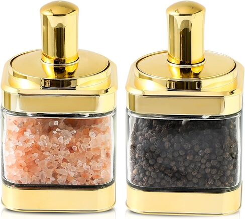 Glass Condiment Spice Jars, Container with Lids and Spoons(11oz/320 ml), Gold Salt Jar, 2Pack Seasoning Box Set for Sugar, Pepper, for Kitchen Counter，Brown Sugar Container. in Saudi Arabia