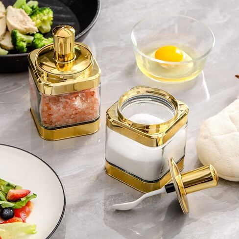 Glass Condiment Spice Jars, Container with Lids and Spoons(11oz/320 ml), Gold Salt Jar, 2Pack Seasoning Box Set for Sugar, Pepper, for Kitchen Counter，Brown Sugar Container. in Saudi Arabia