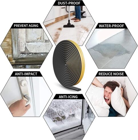 Weather Stripping D Type Door Seal Strip for Doors and Windows, Self AdhesiveSoundproof Weatherstrip, Against Cold Draught/Anti-Collision/Soundproof/Waterproof/Dustproof (19.7Ft-Black) in Kuwait