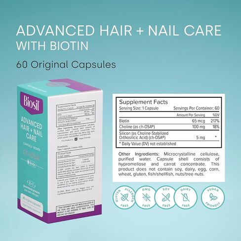 Biosil Advanced Hair + Nail Care - 60 Capsules - Grow, Strengthen & Thicken Hair and Nails - with Patented ch-OSA & Biotin - 30-Day Supply in Kuwait