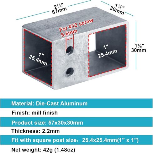 20 حزمة 1 × 1 بوصة مربعة أنبوب موصل، يموت الصب الألومنيوم المحملة الأنابيب المشابك لسلسلة ربط السياج درابزين هانريل، 2 طريقة T نهاية أعلى مشترك، سمك 2.2 ملم in Kuwait