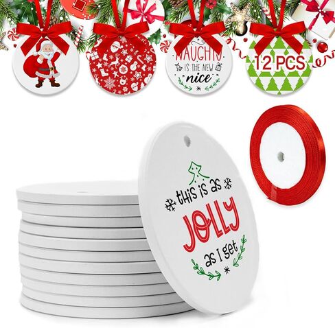 12PCS Sublimation Ceramic Ornaments - Sublimation Ornaments Blanks Bulk with Christmas Ribbons - Ceramic Discs Ornament for Heat Press - White Round Porcelain Ornament - XMAS Tree Decorate Crafts Gift in Kuwait