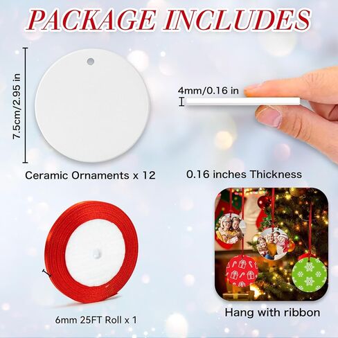 12PCS Sublimation Ceramic Ornaments - Sublimation Ornaments Blanks Bulk with Christmas Ribbons - Ceramic Discs Ornament for Heat Press - White Round Porcelain Ornament - XMAS Tree Decorate Crafts Gift in Kuwait