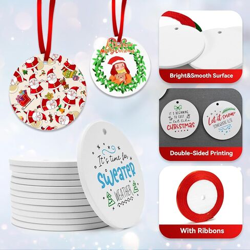 12PCS Sublimation Ceramic Ornaments - Sublimation Ornaments Blanks Bulk with Christmas Ribbons - Ceramic Discs Ornament for Heat Press - White Round Porcelain Ornament - XMAS Tree Decorate Crafts Gift in Kuwait