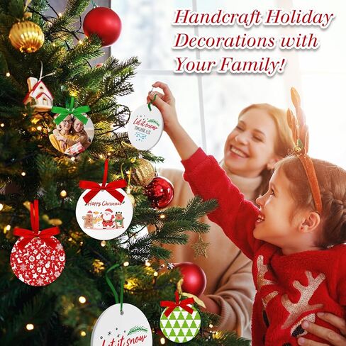 12PCS Sublimation Ceramic Ornaments - Sublimation Ornaments Blanks Bulk with Christmas Ribbons - Ceramic Discs Ornament for Heat Press - White Round Porcelain Ornament - XMAS Tree Decorate Crafts Gift in Kuwait