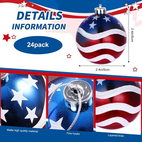 July 4th Hanging Balls – Red White and Blue Decorations – Ideal 4th of July Tree Ornaments - Patriotic Tree Ornaments to Celebrate Independence Day (24pcs) in Saudi Arabia