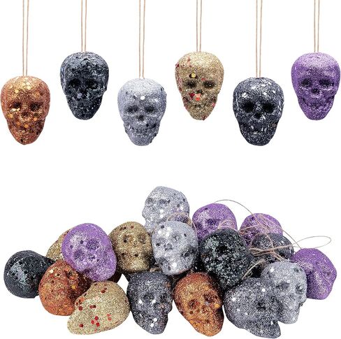 18 PCS Halloween Mini Glitter Hanging Skull Heads-Colorful Foam Hanging Skeleton Head Decoration-Hanging Ornament for Halloween Party and Xmas Tree Supplies(18PCS) in Kuwait